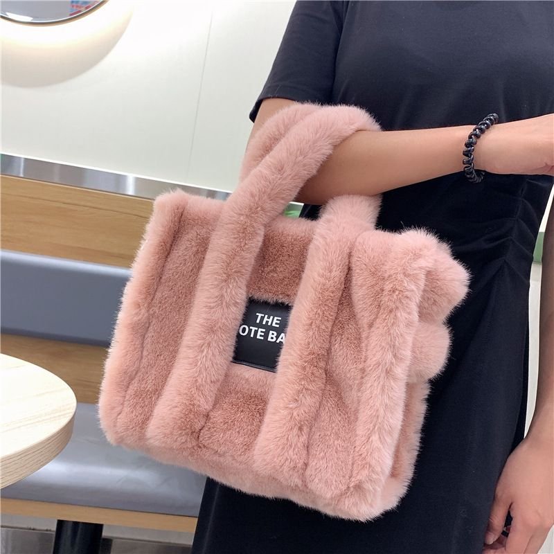 Women Fashion Solid Color Square Plush Large Capacity Tote Bag