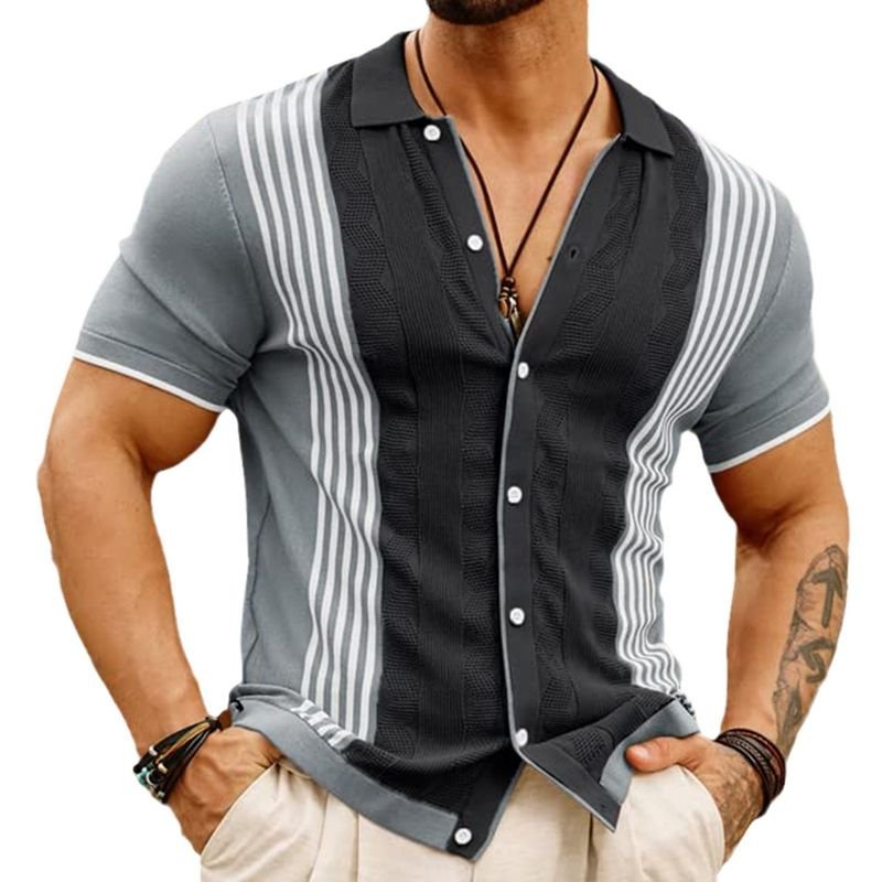 Men Fashion Casual Color Matching Stripe Cardigan Knitted Short Sleeve Lapel Shirt