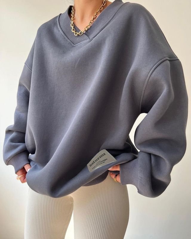 Autumn Winter Women Fashion Solid Color Loose V-Neck Long Sleeve Sweatshirt