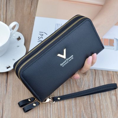 Women Fashion Simple Litchi Pattern Double Zipper Long Purses