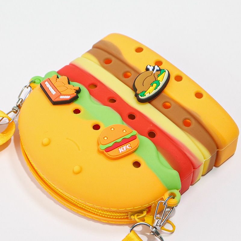 Children Cartoon Cute Fries Hamburger Shape Silicone Hole Crossbody Bag