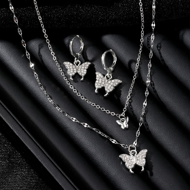 Women Fashion Butterfly Rhinestone Pendant Earrings Necklace Jewelry Set