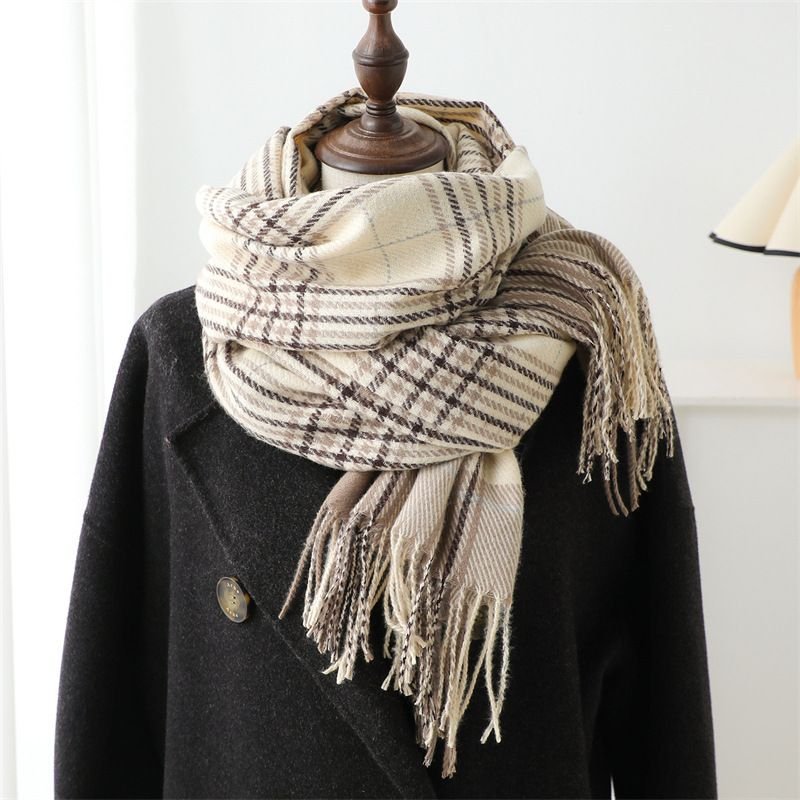 Autumn Winter Women Fashion Plaid Tassel Warm Thickened Scarf