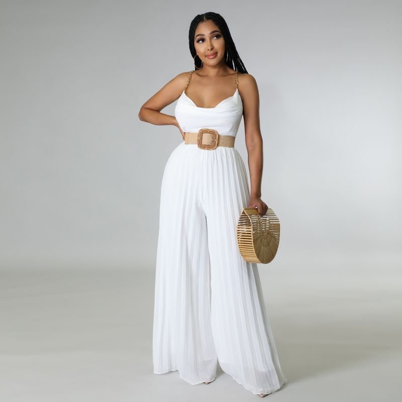 Summer Women Casual Solid Color Chain Strap Backless Pleated Wide Leg Jumpsuits