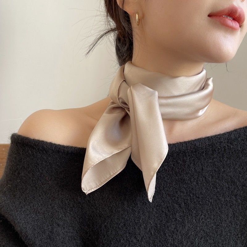 Women Simple Solid Color Square Silk Scarf