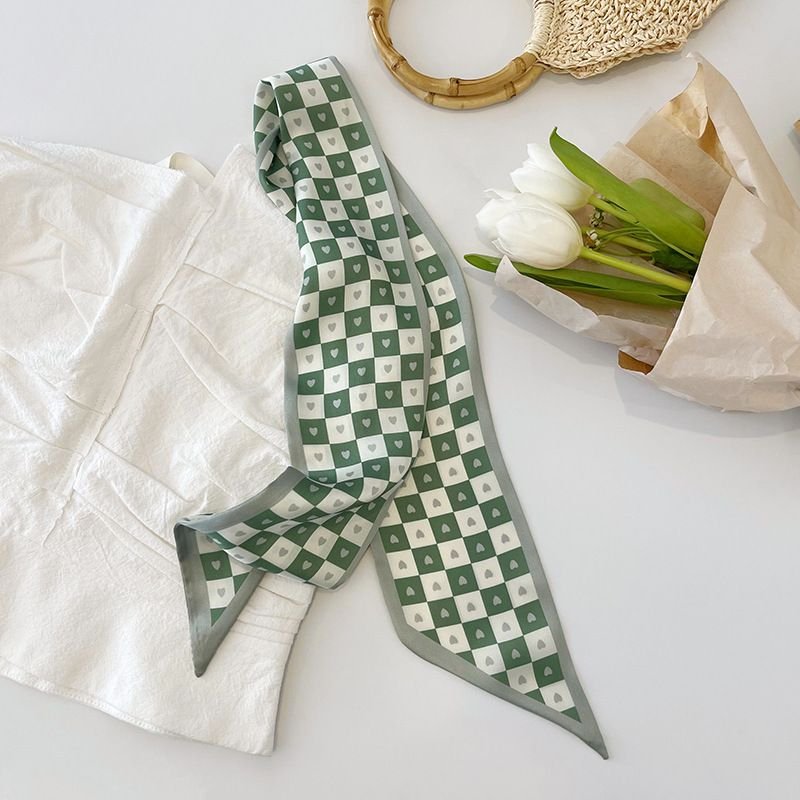 Women Simple Geometric Diamond Print Thin Narrow Ribbon Silk Scarf