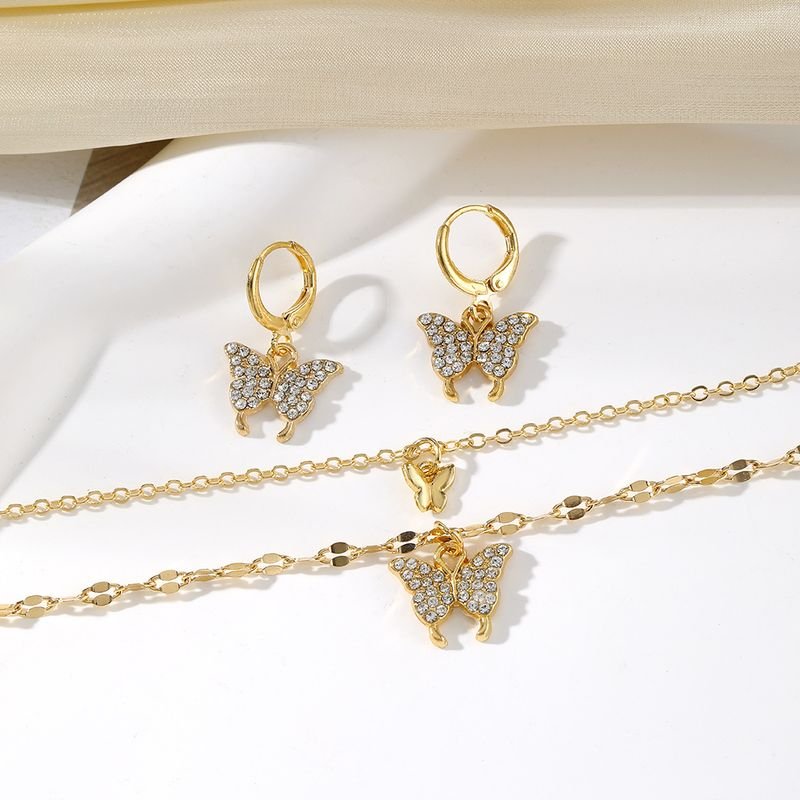 Women Fashion Butterfly Rhinestone Pendant Earrings Necklace Jewelry Set