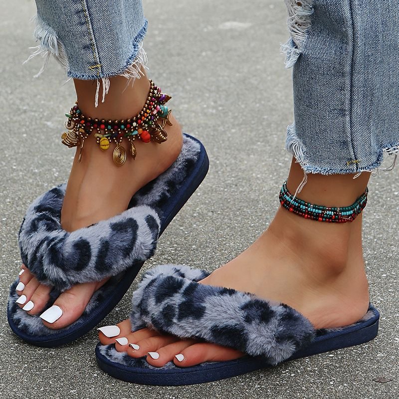 Women Fashion Casual Plus Size Leopard Plush Flat Flip-Flop