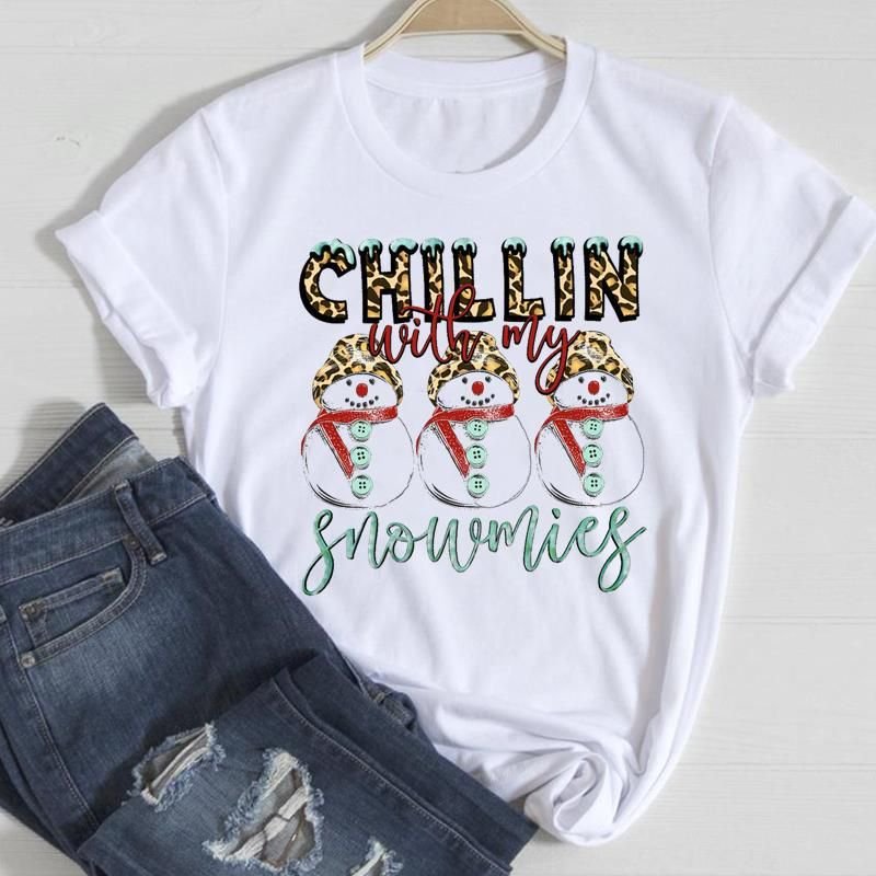 Women Fashion Cartoon Christmas Tree Letter Elk Print Round Neck Short Sleeve T-Shirt