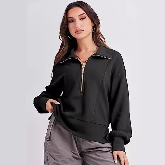 Athleisure Autumn Women Loose Half Zipper Lapel Collar Long Sleeve Sweatshirt