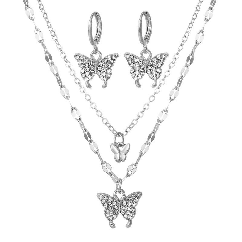 Women Fashion Butterfly Rhinestone Pendant Earrings Necklace Jewelry Set