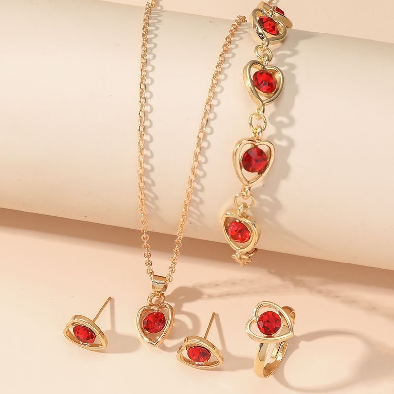 Women Simple Fashion Heart-Shaped Rhinestone Necklace Earrings Ring Bracelet Four-Piece Set