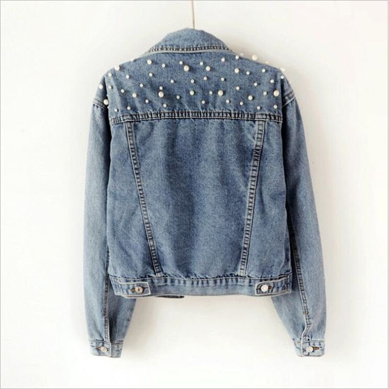 Women Casual Imitation Pearl Loose Single-breasted Spring And Autumn Denim Jacket