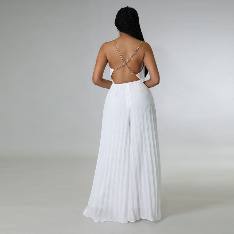 Summer Women Casual Solid Color Chain Strap Backless Pleated Wide Leg Jumpsuits