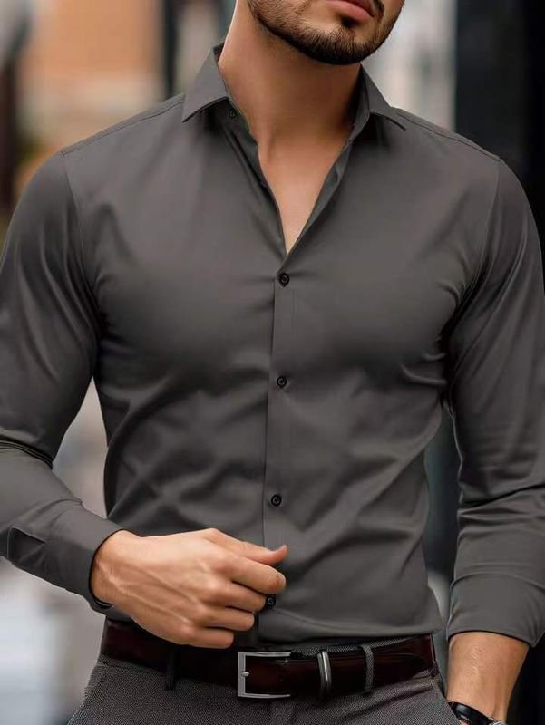 Men Fashion Casual Business Basic Solid Color Plus Size Long Sleeve Lapel Shirt