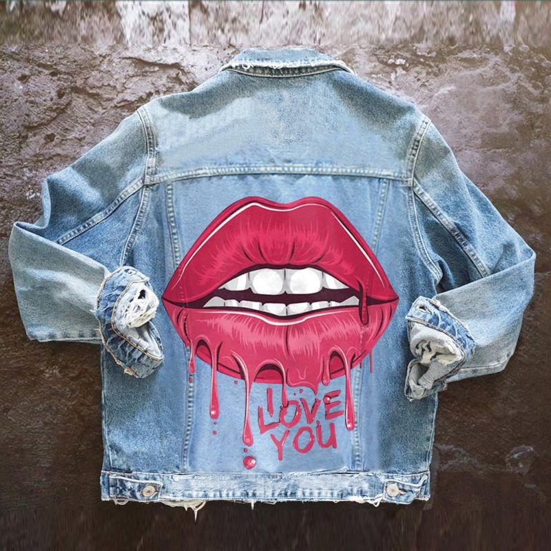 Women Casual Long Sleeves Graphic Printed Single-breasted Denim Jacket