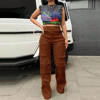 Women Fashion Retro High Waist Multi Pocket Cargo Pants