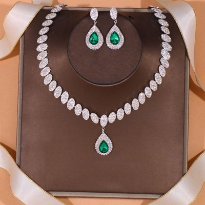 Women Fashion Drop-Shaped Rhinestone Necklace Earrings Jewelry Set