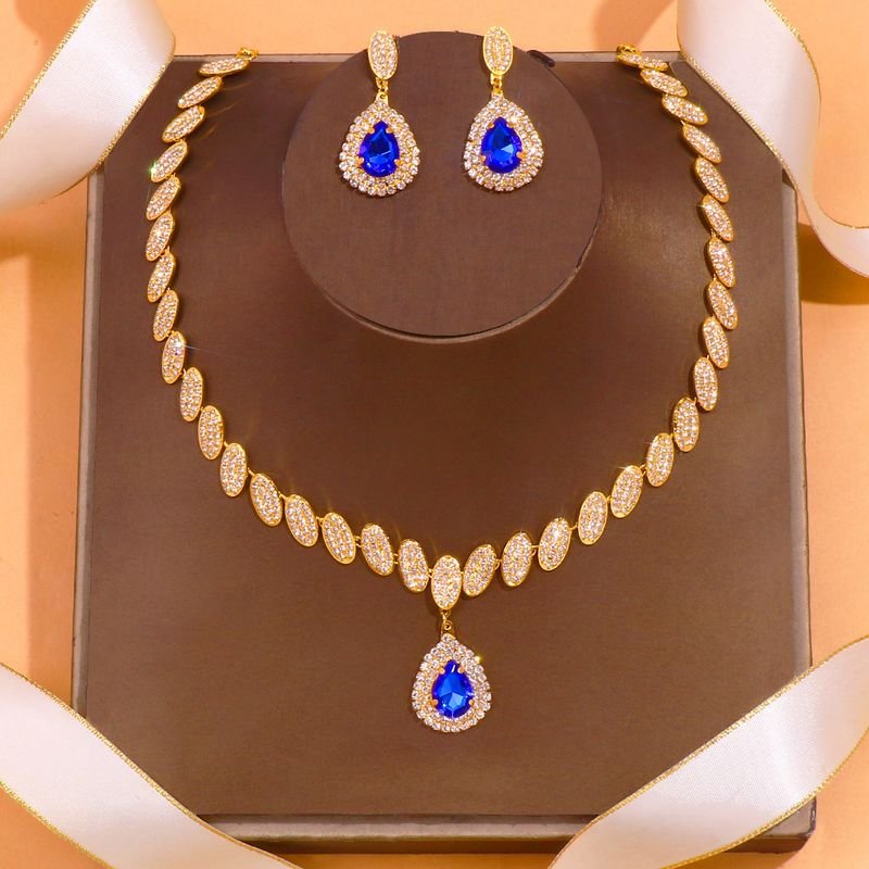 Women Fashion Drop-Shaped Rhinestone Necklace Earrings Jewelry Set