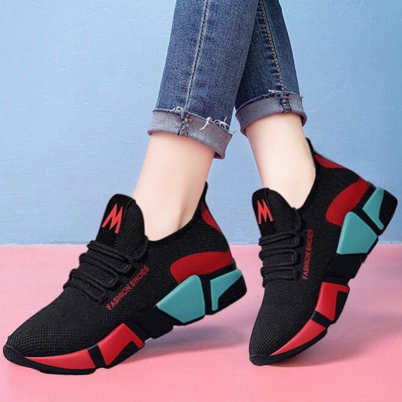 Women Fashion Casual Lace-Up Design Mesh Breathable Color Blocking Platform Running Sneakers