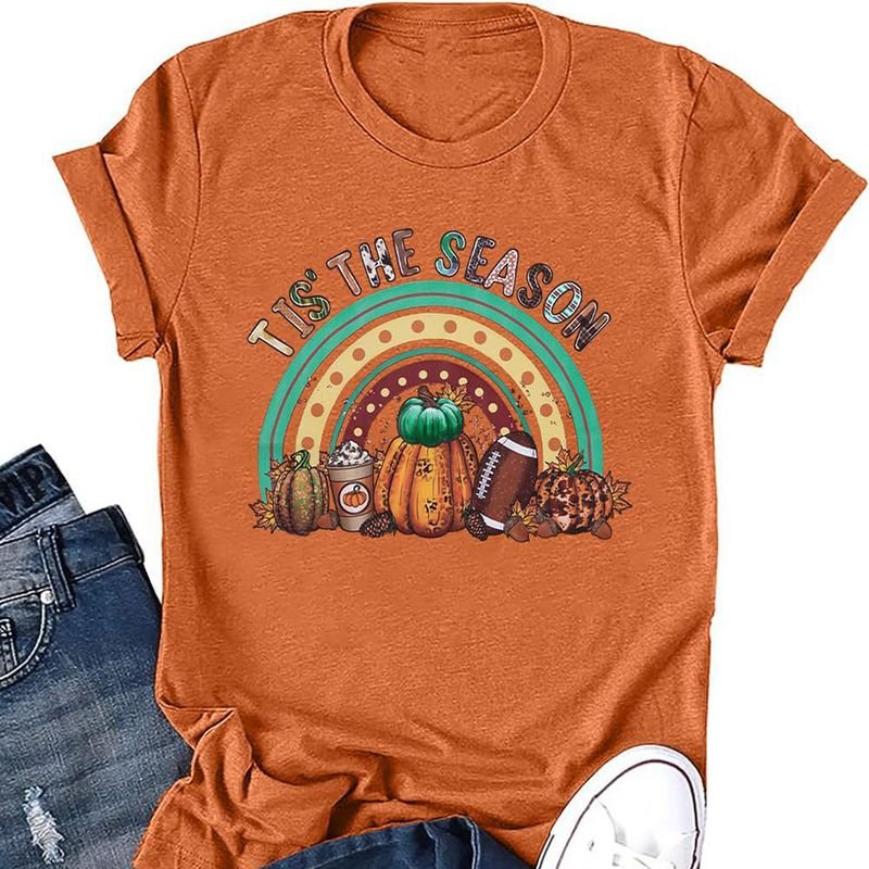 Women Top Thanksgiving Print Pumpkin Print Colored Cotton T-Shirt