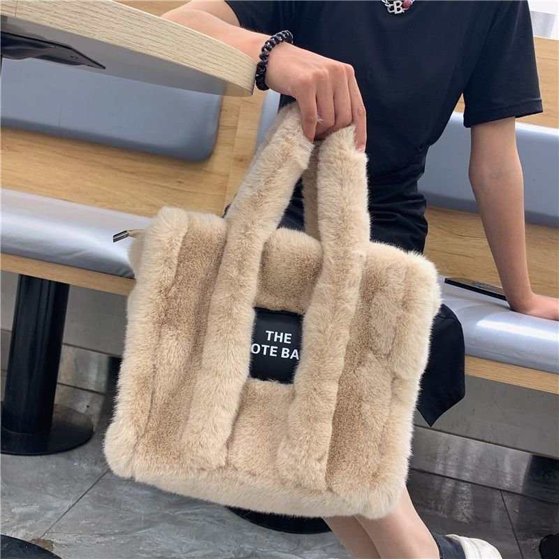 Women Fashion Solid Color Square Plush Large Capacity Tote Bag