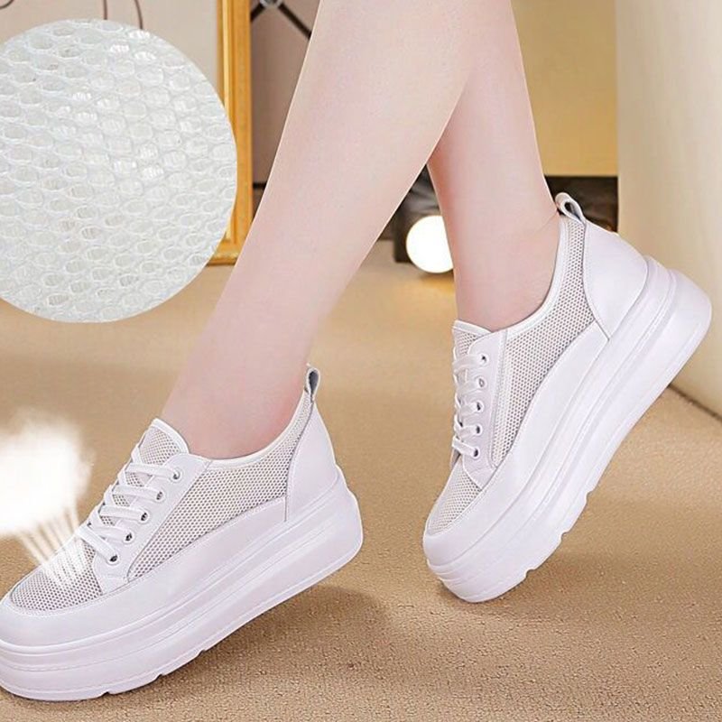 Size:4.5-9 Women Leisure Platform Pattern Solid Color Leather Sneakers Shoes