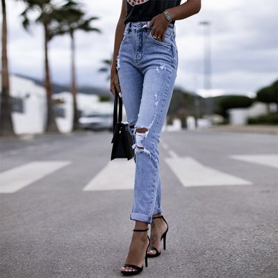 Women Fashion Simple Stretch Ripped Skinny Jeans