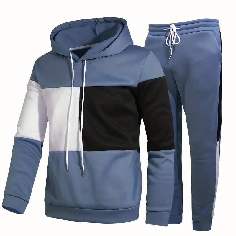 Men Fashion Casual Color Matching Plus Size Long Sleeve Hoodies Trousers Set