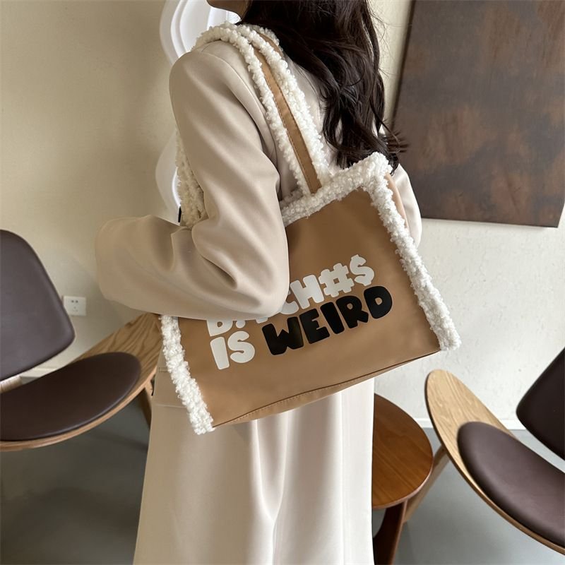 Fashionable Plush Letter Print Large Capacity Tote Bag