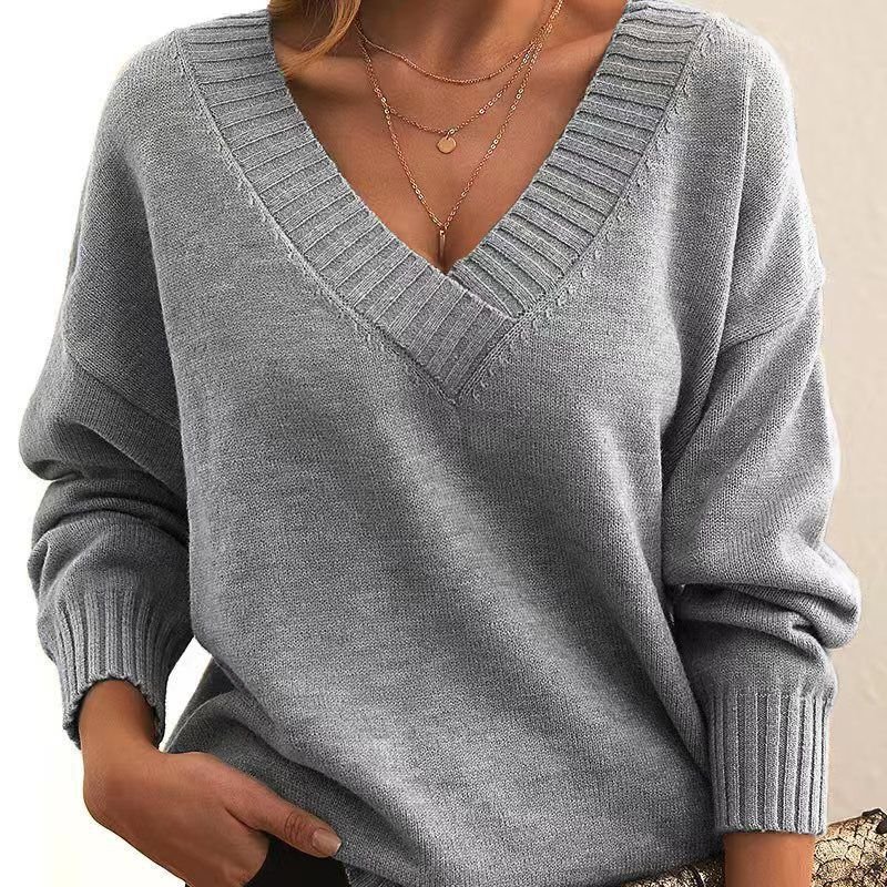 Women Fashion Casual Loose V-Neck Long Sleeve Knitted Sweater