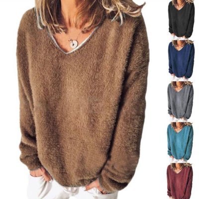 Autumn Winter Women Fashion V-Neck Long Sleeve Solid Color Sweater