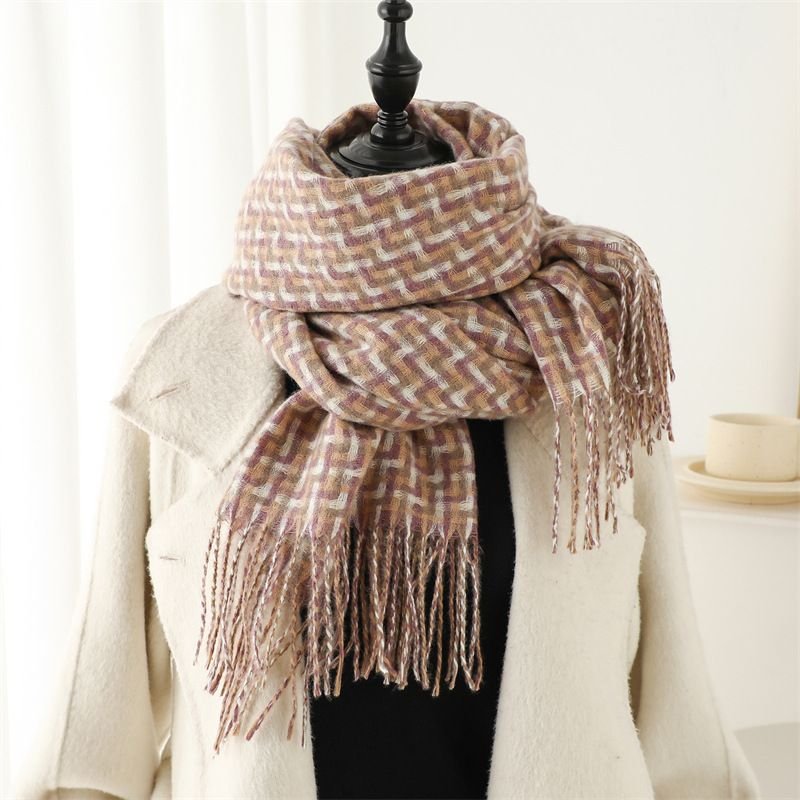 Autumn Winter Women Fashion British Style Geometric Tassel Warm Thickened Scarf