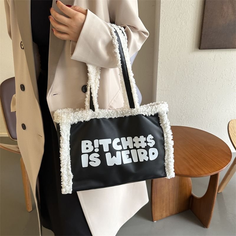 Fashionable Plush Letter Print Large Capacity Tote Bag