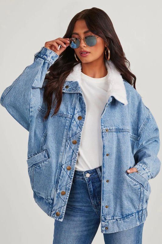 Autumn Winter Women Fashionable Loose Lapel Thickened Denim Coat