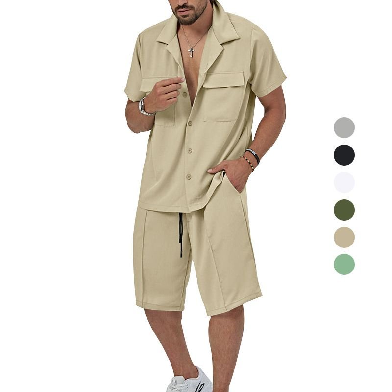 Summer Casual Men Lapel Short Sleeve Shirt Shorts Two-Piece Set