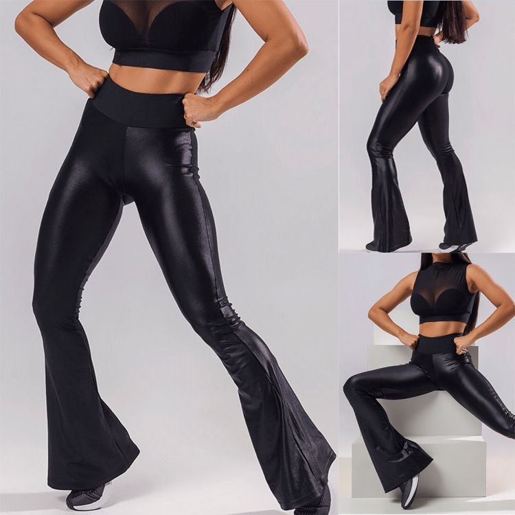 Women Basic Faux Pu Leather Wide Leg Flare Pants