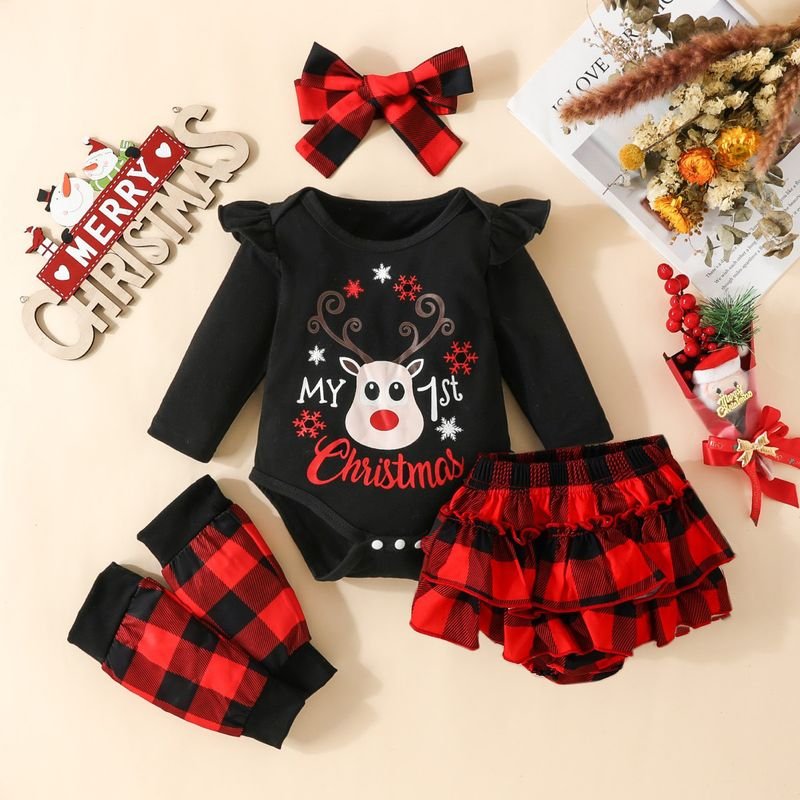 Kids Baby Girls Cute Party Christmas Cartoon Fawn Long Sleeve Romper Plaid Skirt Sets