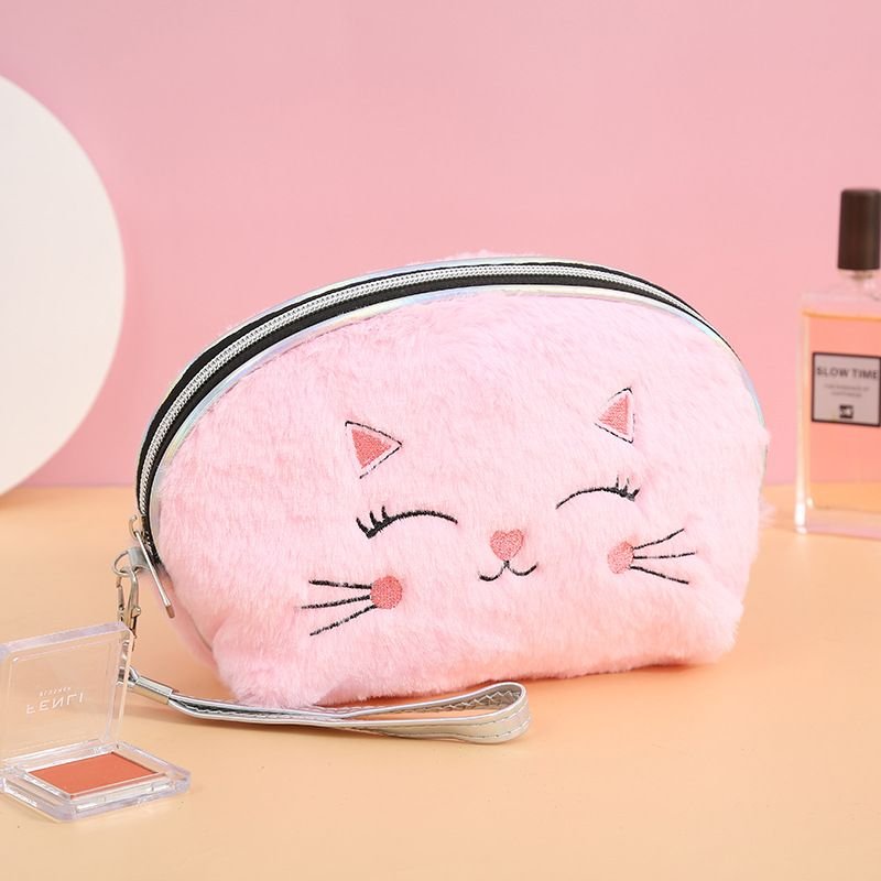 Cute Flannel Embroidery Zipper Washing Storage Cosmetic Bag