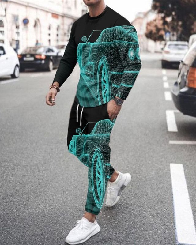 Men'S Fashion Print Loose Round Neck Long Sleeves Sweatshirt And Trousers Two-Piece Set