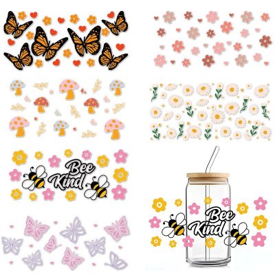 Simple Fashion Floral Butterfly Bee UV Transfer Transparent Glass Sticker