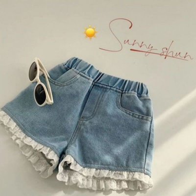 Girls Fashion Solid Color Lace Design Denim Shorts