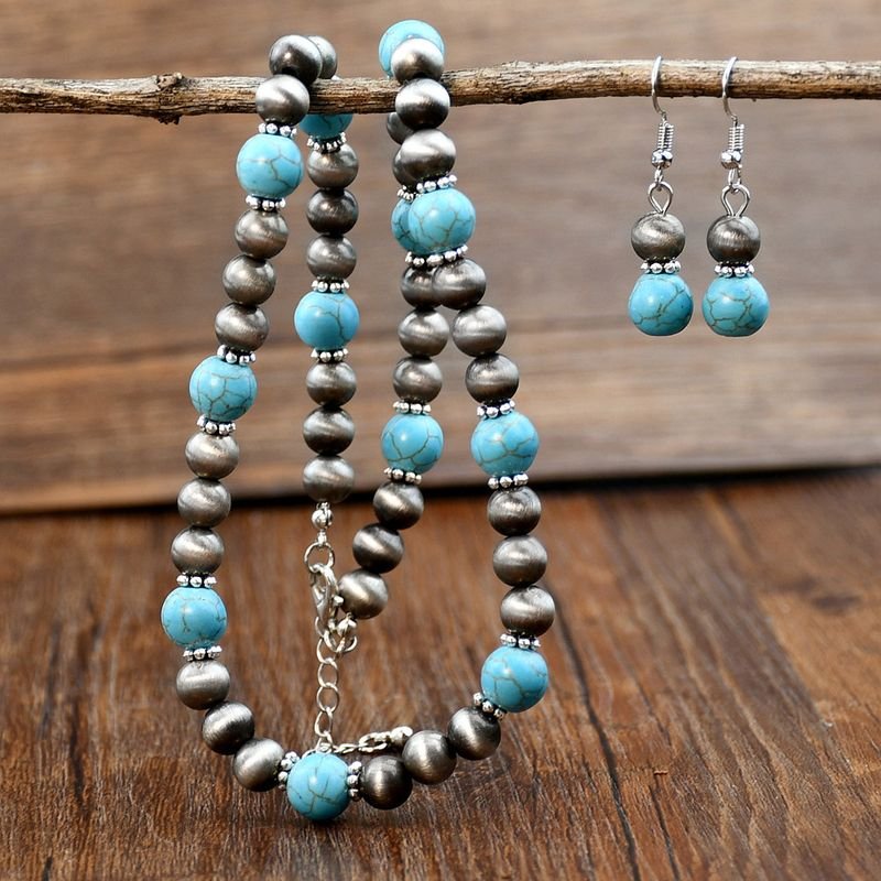 Women Vintage Ethnic Handmade Beaded Necklace Earrings Jewelry Set