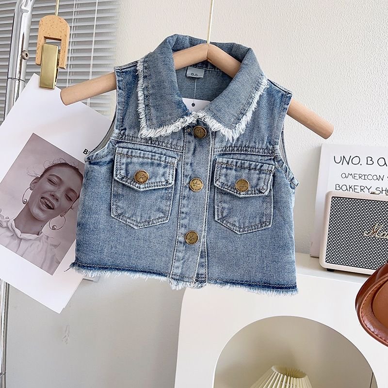 Kids Toddler Big Girls Fashion Casual Retro Denim Sleeveless Lapel Vest Skirt Set