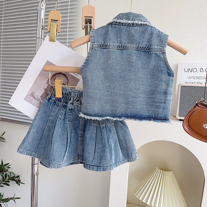 Kids Toddler Big Girls Fashion Casual Retro Denim Sleeveless Lapel Vest Skirt Set