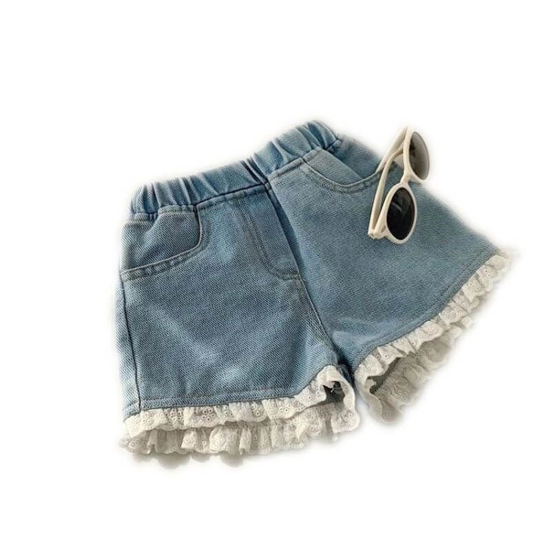 Girls Fashion Solid Color Lace Design Denim Shorts