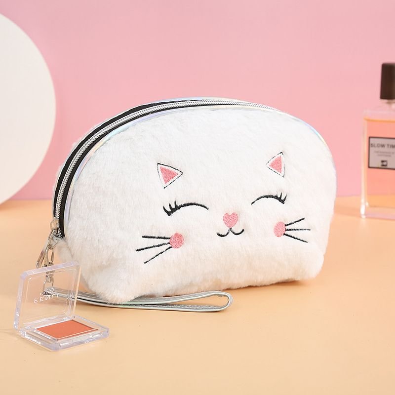 Cute Flannel Embroidery Zipper Washing Storage Cosmetic Bag