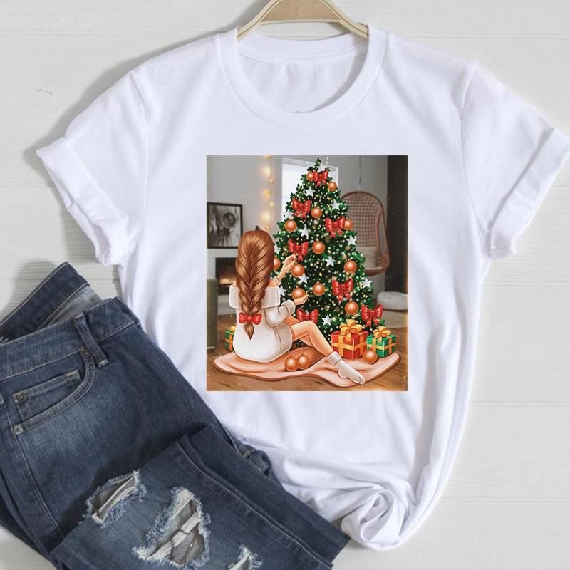 Women Fashion Cartoon Christmas Tree Letter Elk Print Round Neck Short Sleeve T-Shirt