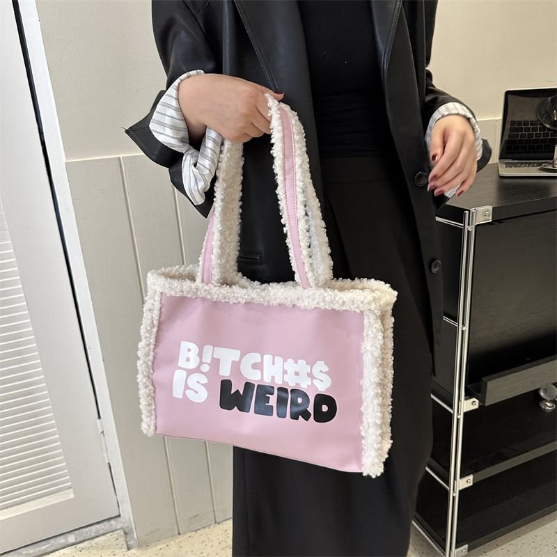 Fashionable Plush Letter Print Large Capacity Tote Bag