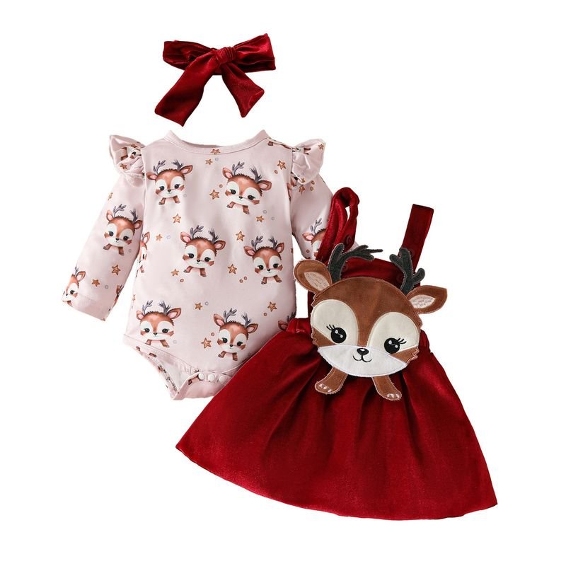 Kids Baby Girls Cute Party Christmas Cartoon Fawn Long Sleeve Romper Strap Dress Sets